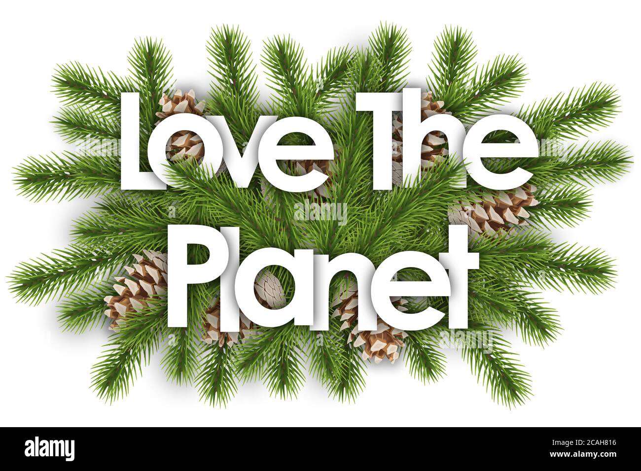 Liebe den Planeten im weihnachtshintergrund - Kiefernzweige Stockfoto