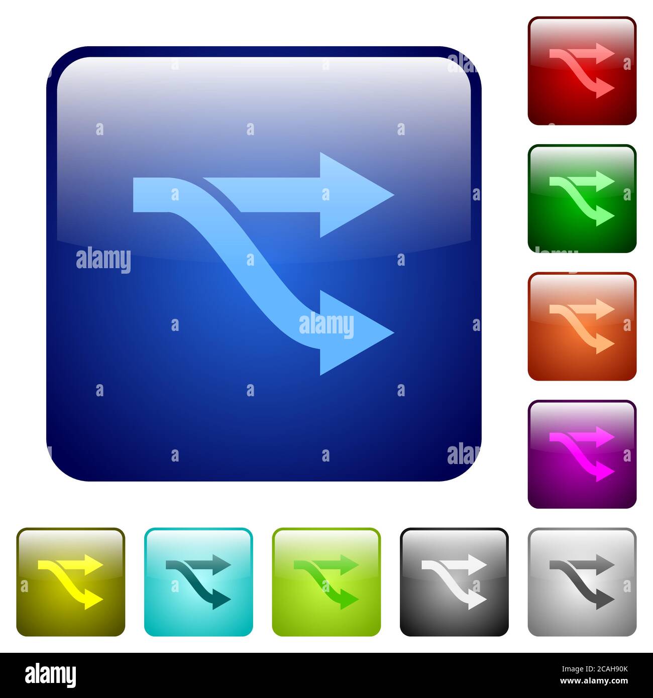 Gabelsymbole in abgerundeter quadratischer Farbe, glänzend, Knopfset Stock Vektor