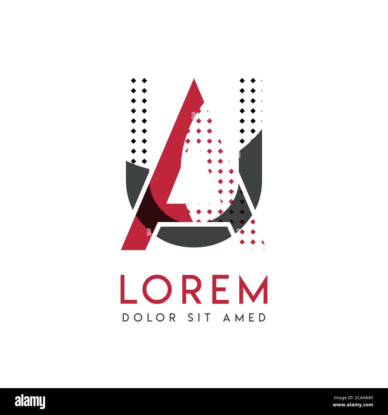 UA-Logo in Grau und Rot, das für kreative Industrien und den Papierdruck verwendet werden kann. AU-Logo ist mit Blasen und Punkten gefüllt, kann ich angewendet werden Stock Vektor