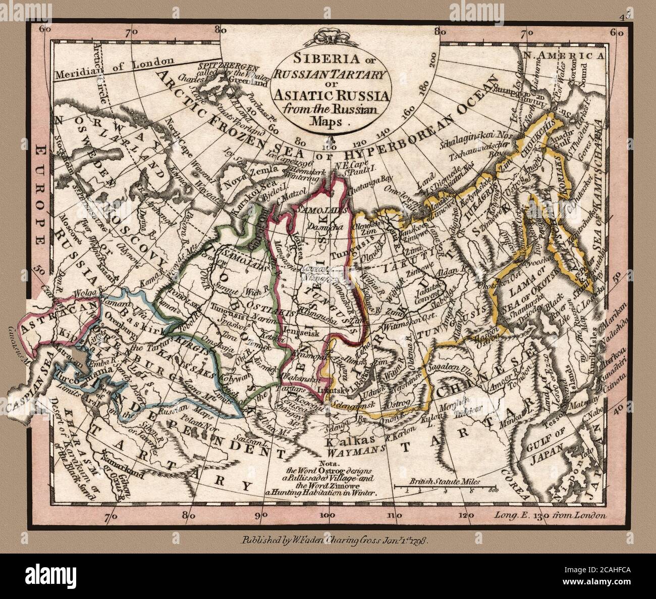 'iberien oder russisches Tartar oder asiatisches Russland von den russischen Karten.' Karte zeigt politische Grenzen und wichtige Sehenswürdigkeiten. Dies ist eine wunderschön detaillierte historische Kartendarstellung. Das Original aus einem britischen Atlas, der von dem berühmten Kartographen William Faden herausgegeben wurde, entstand um 1798. Stockfoto