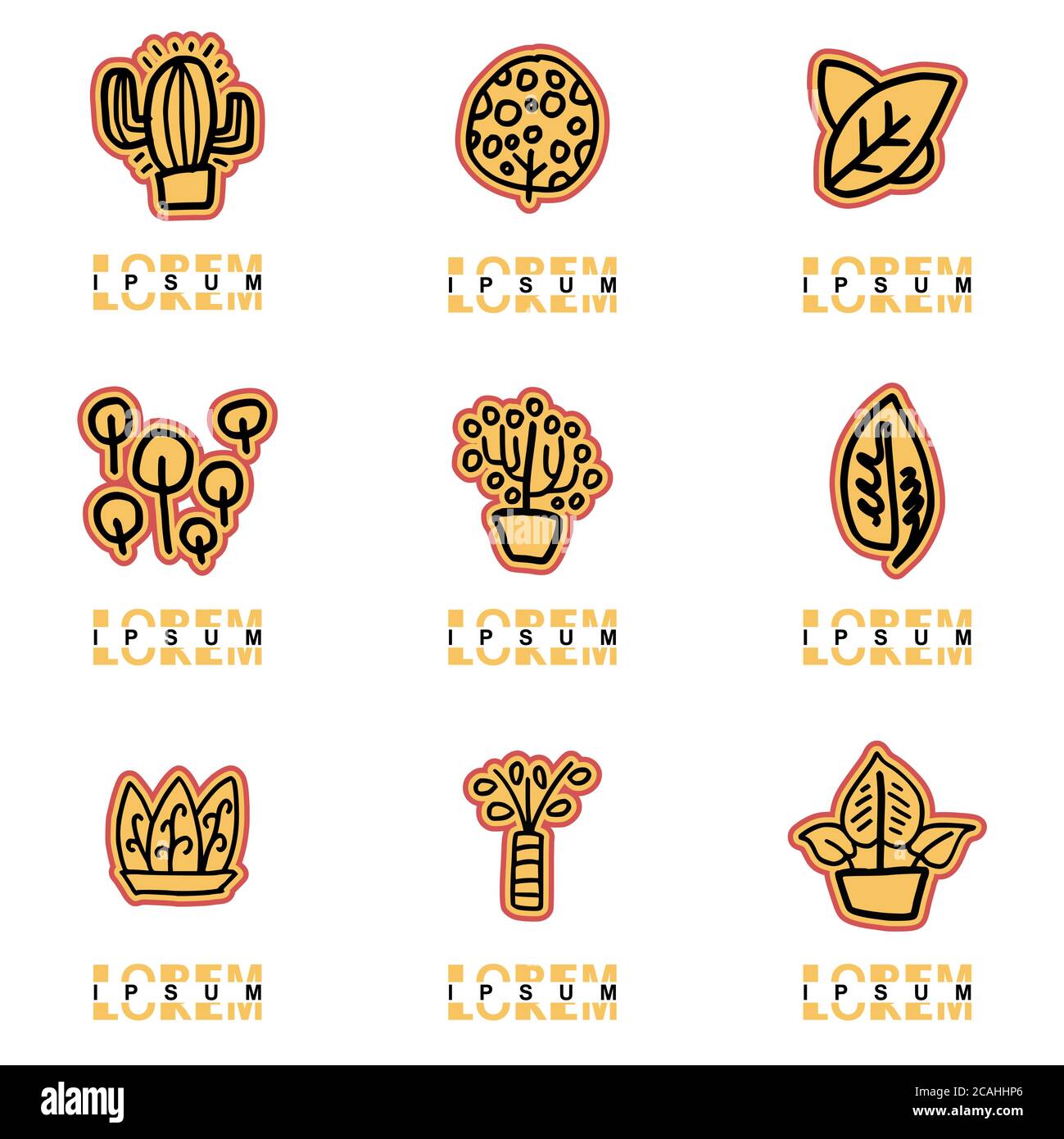 Kaktuspflanze Logo, Zierpflanzen, Blätter in Packungen, die mit dicken Linien, mit verschiedenen Farben und Doodle Stile, die angewendet werden kann i gemacht werden Stock Vektor