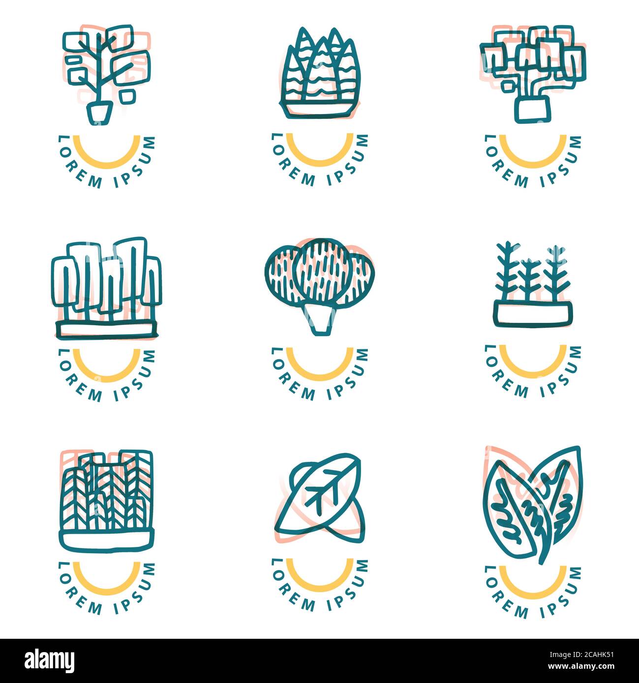 Kaktuspflanze Logo, Zierpflanzen, Blätter in Packungen, die mit dicken Linien, mit verschiedenen Farben und Doodle Stile, die angewendet werden kann i gemacht werden Stock Vektor