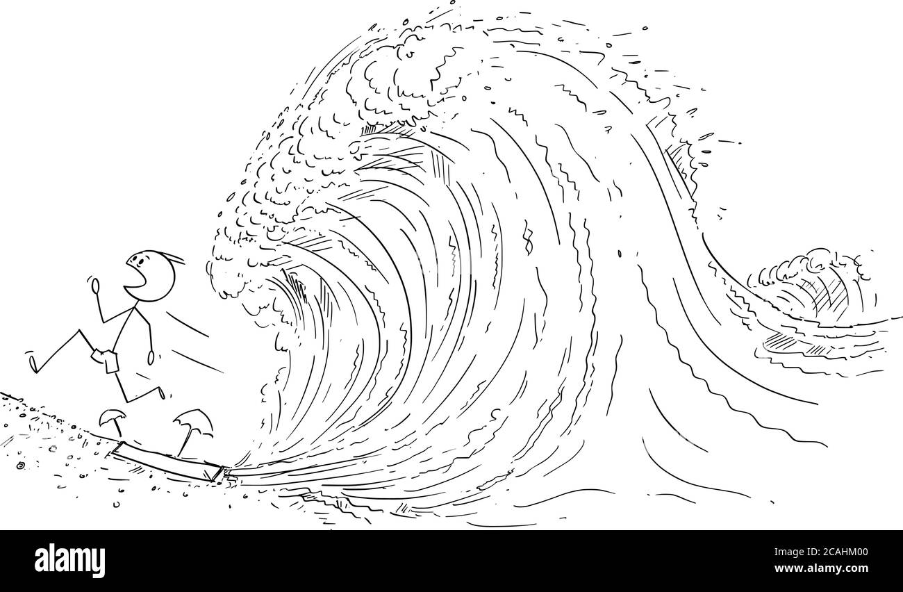 Vektor Cartoon Stick Figur Zeichnung konzeptionelle Illustration des Menschen oder Touristen am Strand oder an der Küste, die vor dem großen Ozean oder Meerwasserwelle oder Tsunami. Stock Vektor
