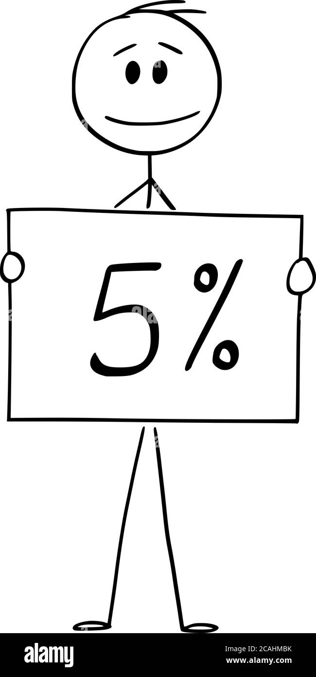 Vektor Cartoon Stick Figur Zeichnung konzeptionelle Illustration von Mann oder Geschäftsmann mit 5 oder fünf Prozent Zeichen. Stock Vektor
