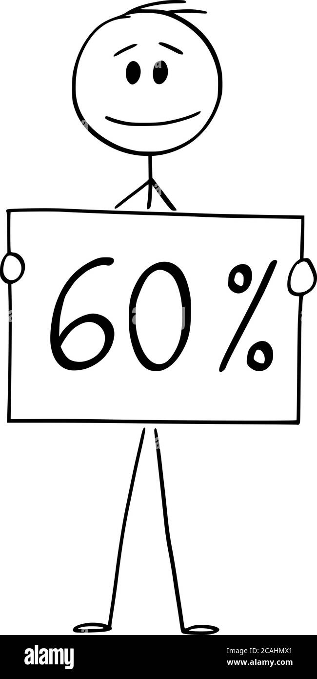 Vektor Cartoon Stick Figur Zeichnung konzeptionelle Illustration von Mann oder Geschäftsmann mit 60 oder sechzig Prozent Zeichen. Stock Vektor