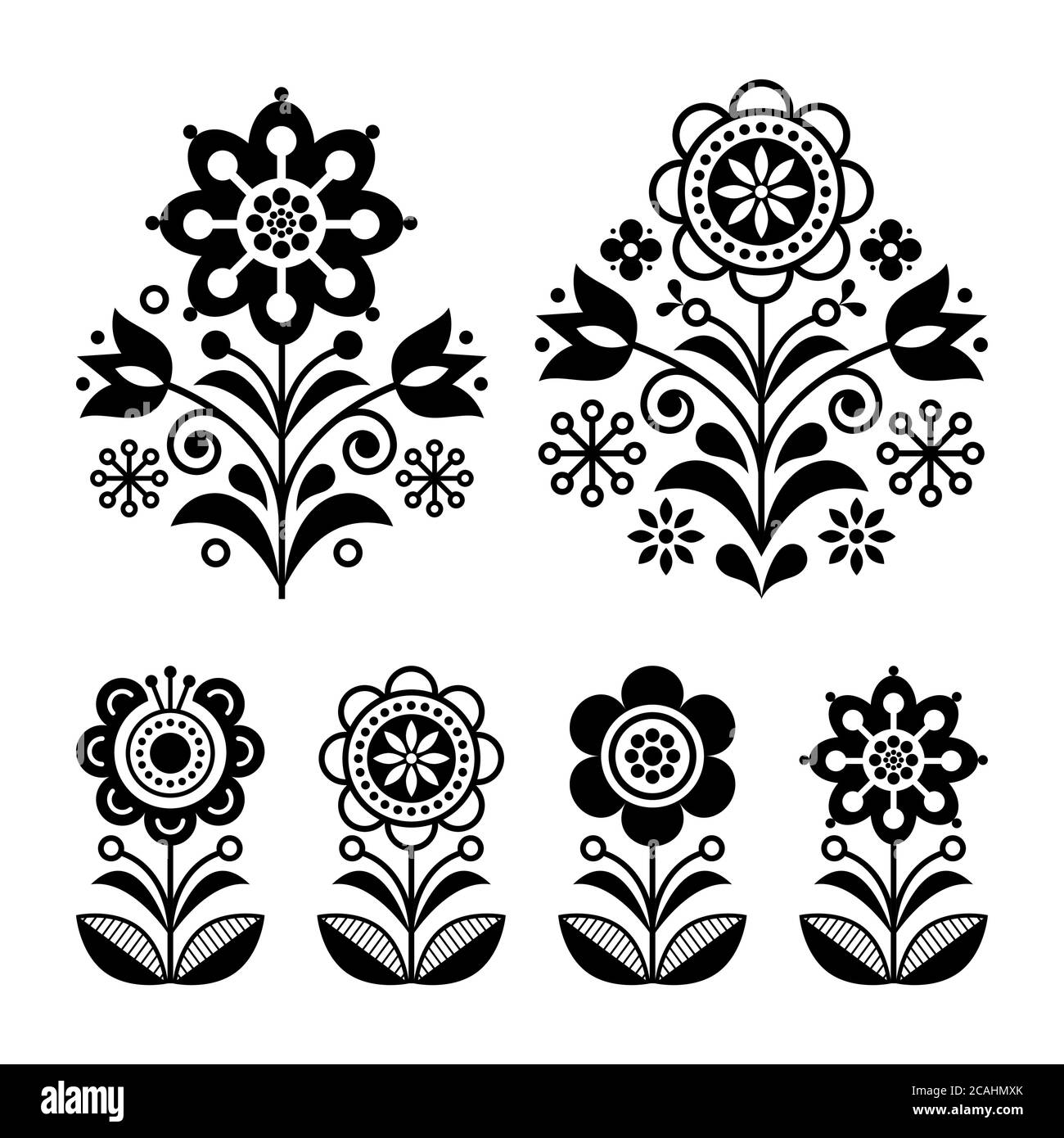 Skandinavisches Blumen-Design, Volkskunst Dekoration mit Blumen, nordischer Retro Hintergrund in schwarz und weiß Stock Vektor