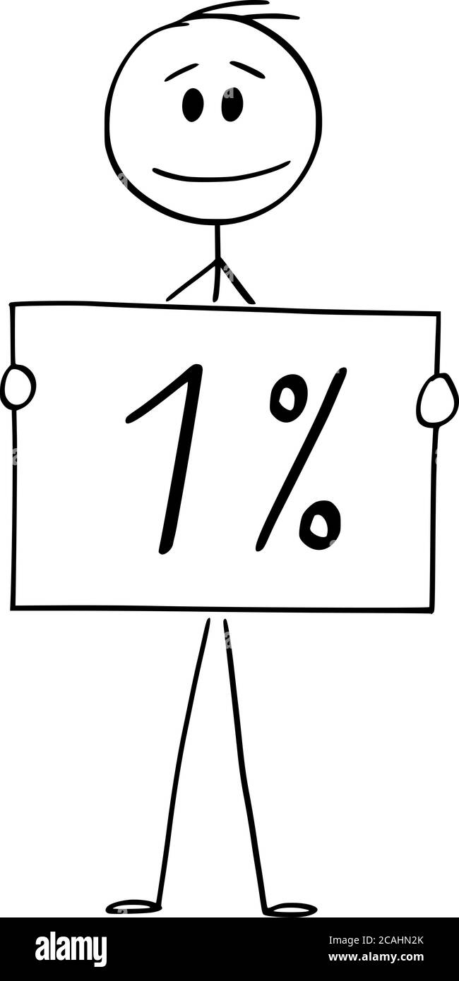 Vektor Cartoon Stick Figur Zeichnung konzeptionelle Illustration von Mann oder Geschäftsmann mit 1 oder einem Prozent Zeichen. Stock Vektor