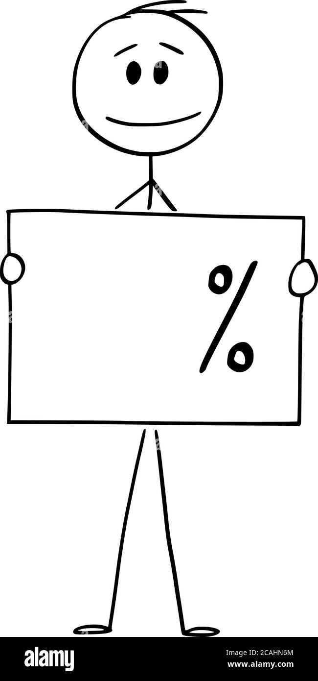 Vektor Cartoon Stick Figur Zeichnung konzeptionelle Illustration von Mann oder Geschäftsmann hält leere Prozent Zeichen, bereit, Ihre Zahl hinzuzufügen. Stock Vektor
