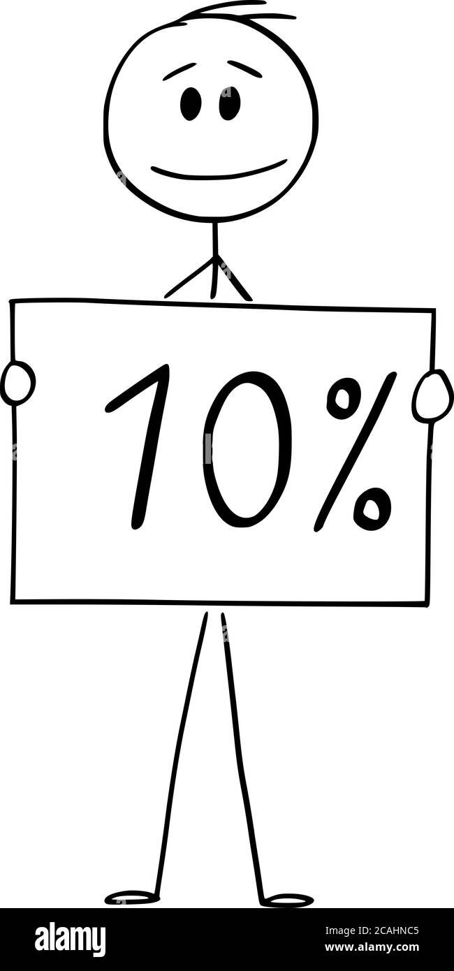 Vektor Cartoon Stick Figur Zeichnung konzeptionelle Illustration von Mann oder Geschäftsmann halten 10 oder zehn Prozent Zeichen. Stock Vektor