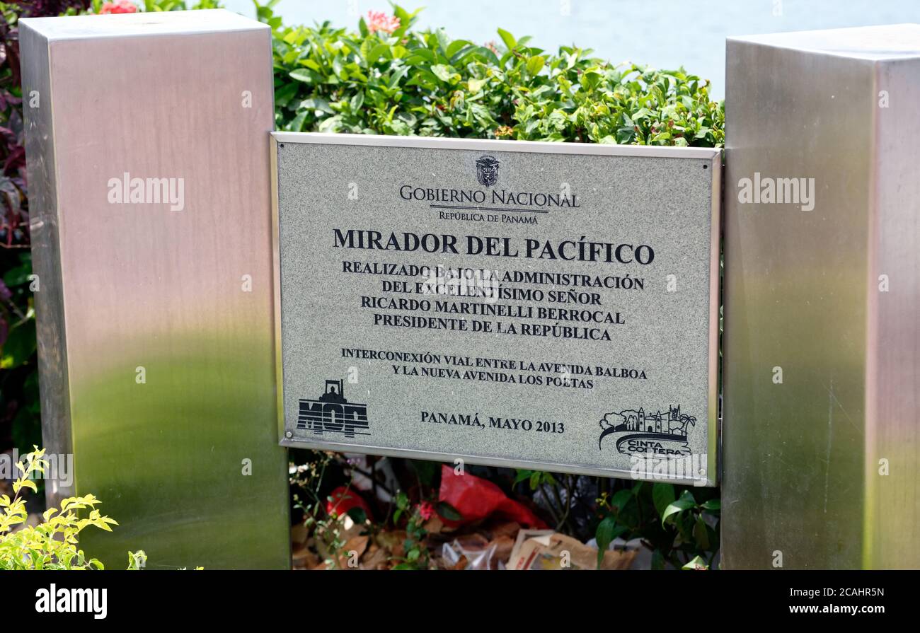 Schild für Mirador Del Pacifico am Mirador, Strandpromenade, Panama City, Panama, Mittelamerika Stockfoto