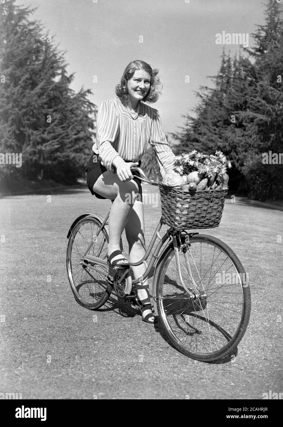 Um 1940er Jahre, draußen auf einem Pfad in einem Park, eine junge Dame auf ihrem Fahrrad mit Korb, gefüllt mit Gemüse und Blumen, USA. Stockfoto