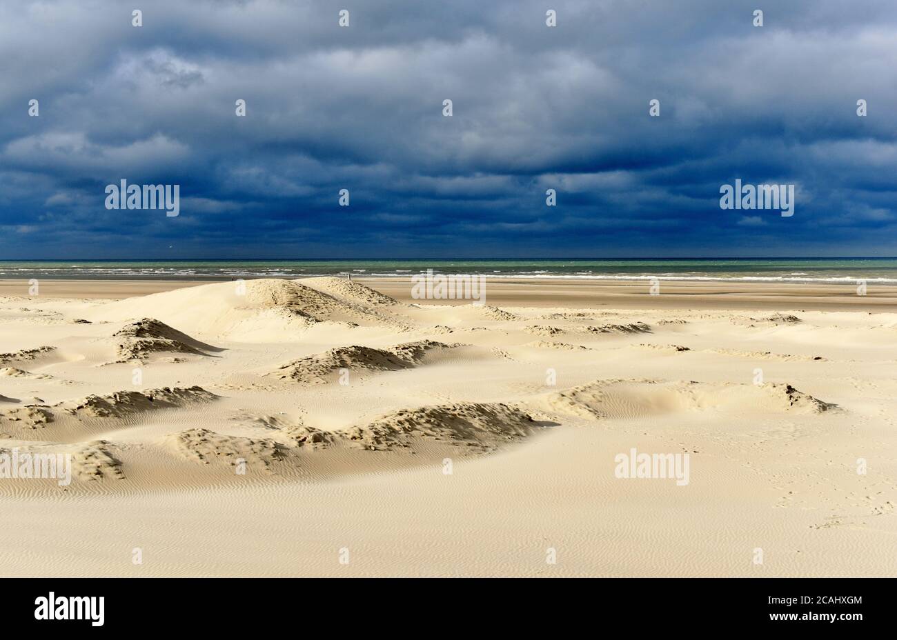 Sonnendurchflutete Sanddünen unter einem bedrohlichen Himmel in dieser herbstlichen Strandszene, aufgenommen in Berck, Frankreich. Stockfoto