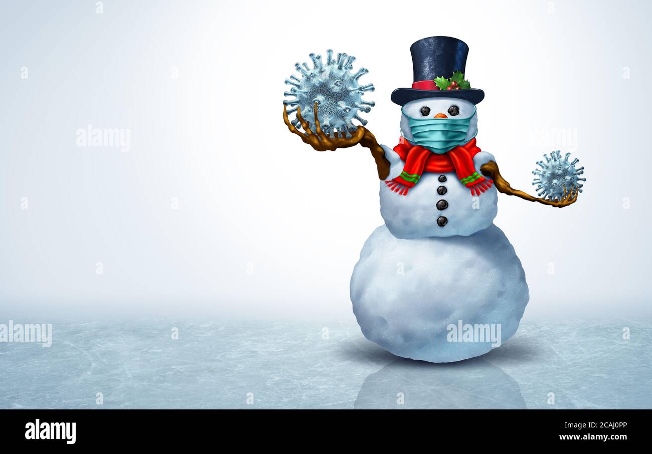 Schneemann trägt eine Gesichtsmaske Konzept als Winter Schneemann Weihnachtszeit Symbol für Gesundheit und Gesundheit Prävention von Krankheiten als medizinische Geräte. Stockfoto