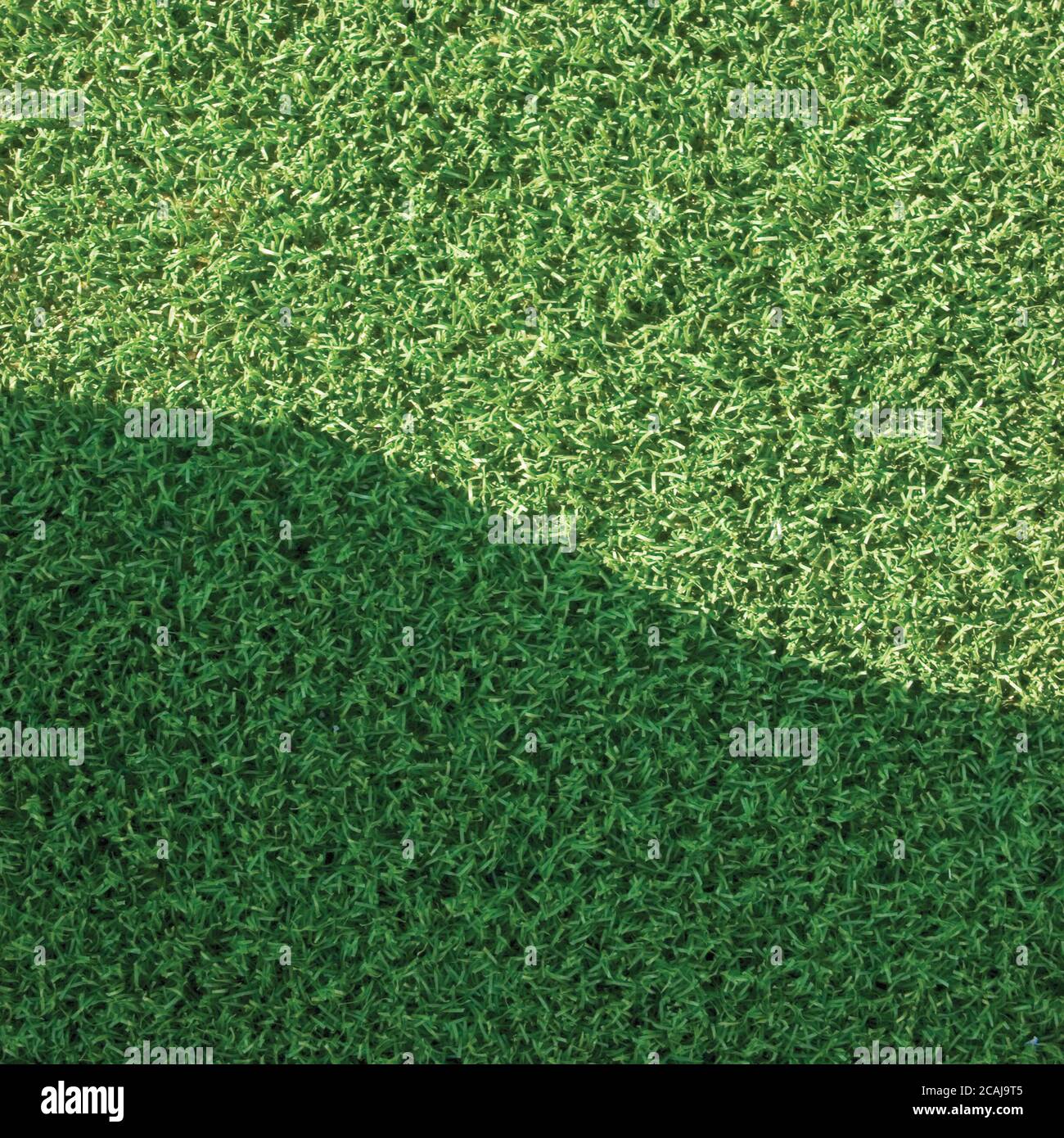 Kunstrasen gefälschte Rasen Kunstrasen Feld Makro Nahaufnahme, sanfte Schatten Bereich, grüne Sport Astroturf Textur, vertikale strukturierte Hintergrund Stockfoto