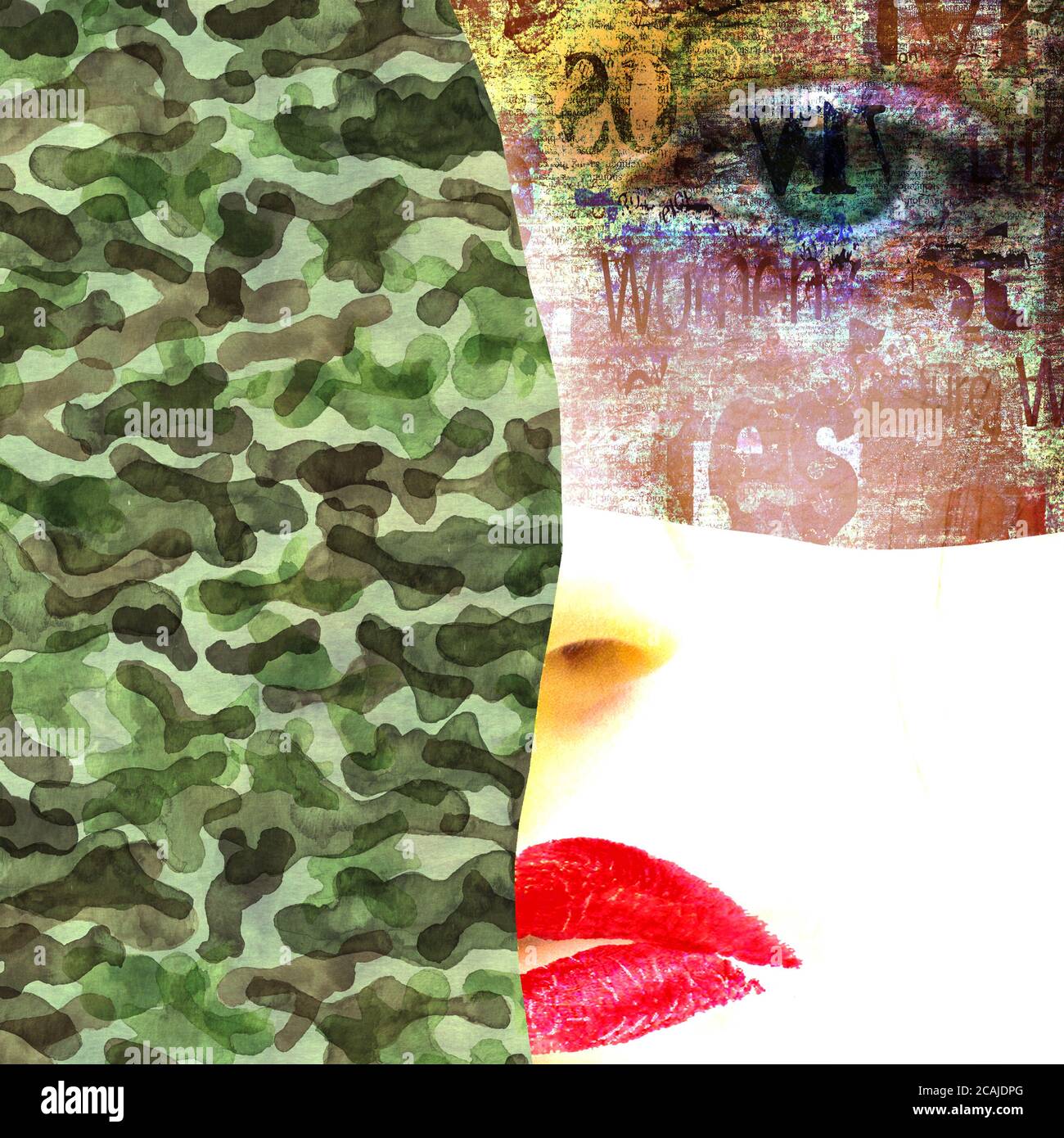 Gemischte Medien. Zeitgenössische Mode Frau Porträt. Schönes weibliches Gesicht mit grünen Augen und roten Lippen auf Zeitung und Tarnung militärische Textur. Gru Stockfoto