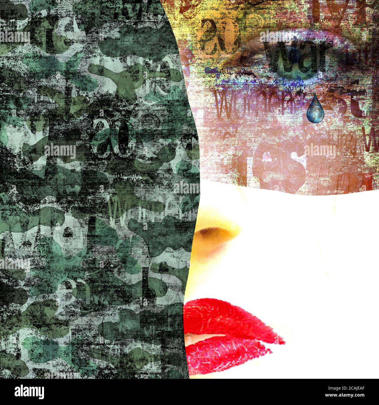 Gemischte Medien. Zeitgenössisches Frauenporträt. Schönes weibliches Gesicht mit grünen Augen und roten Lippen auf Zeitung und Tarnung militärische Textur. Grunge Kunst Stockfoto