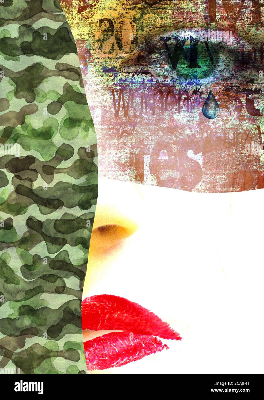 Gemischte Medien. Zeitgenössisches Frauenporträt. Schönes weibliches Gesicht mit grünen Augen und roten Lippen auf Zeitung und Tarnung militärische Textur. Grunge Kunst Stockfoto