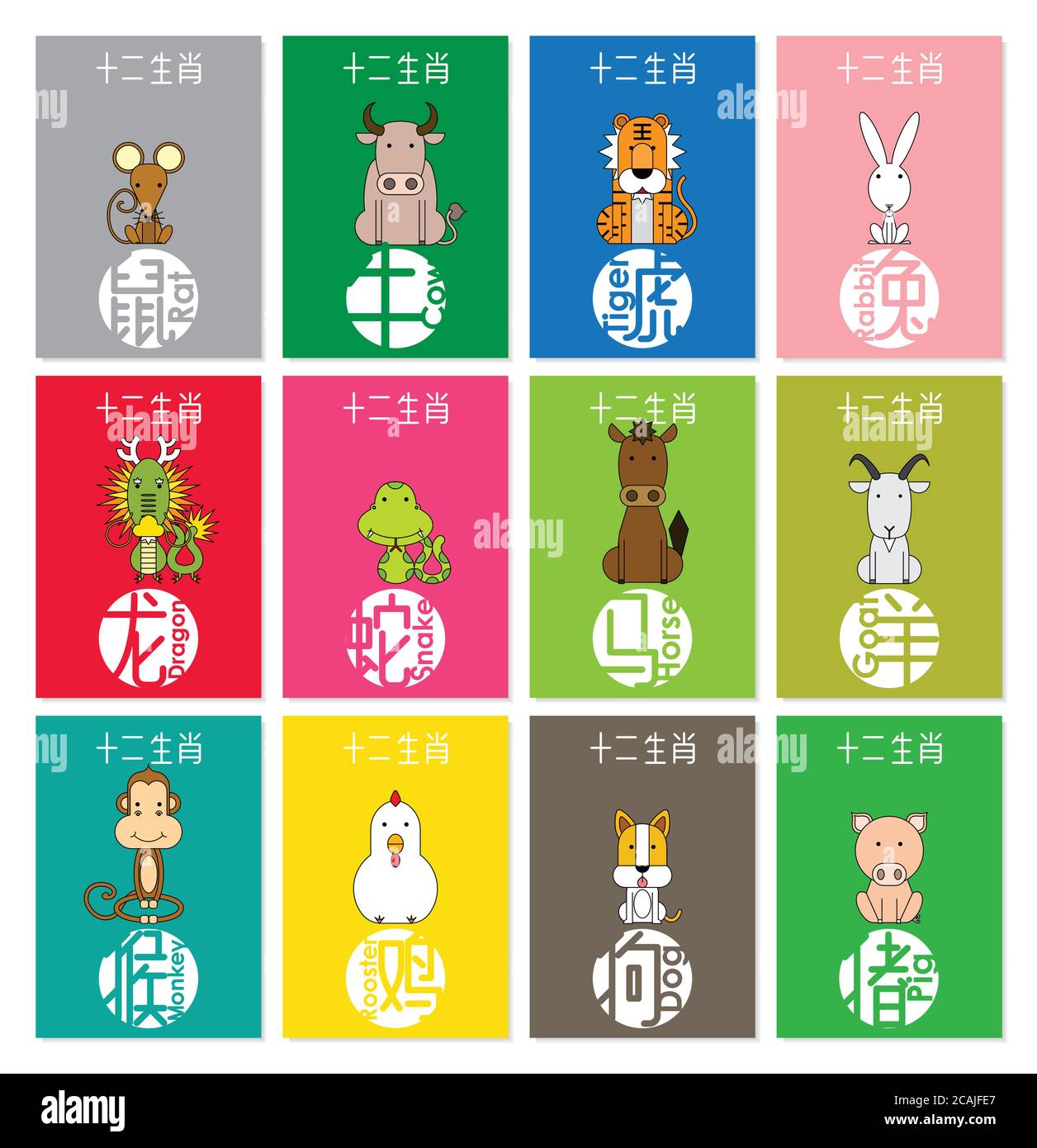 12 Chinesische Tierkreiszeichen, chinesische Übersetzung: Ratte, Ochse ...