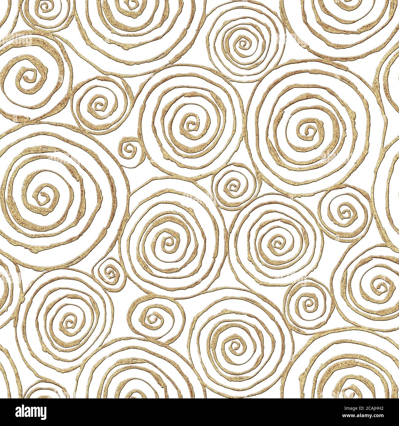 Abstraktes Nahtloses Muster mit 3d golden glitzernder Acrylfarbe runde Spiralkreise auf weißem Hintergrund. Handgezeichnete Glitzer Spiralen endlose Textur Stockfoto