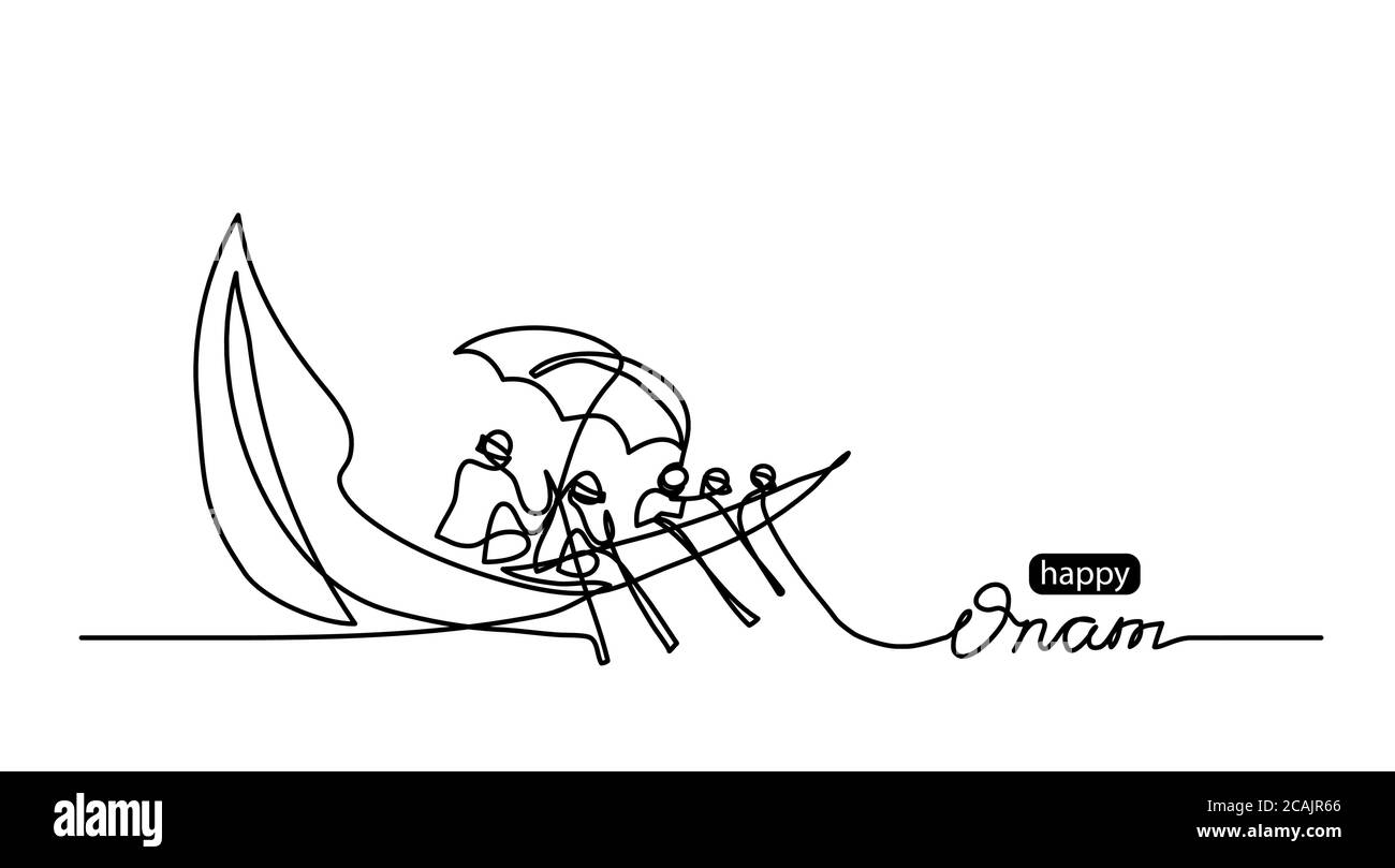 Happy Onam einfache Vektor-Hintergrund mit Boot. Minimaler Schwarz-Weiß-Doodle, Skizzendarstellung. Eine fortlaufende Linienzeichnung mit Schriftzug Happy Stock Vektor