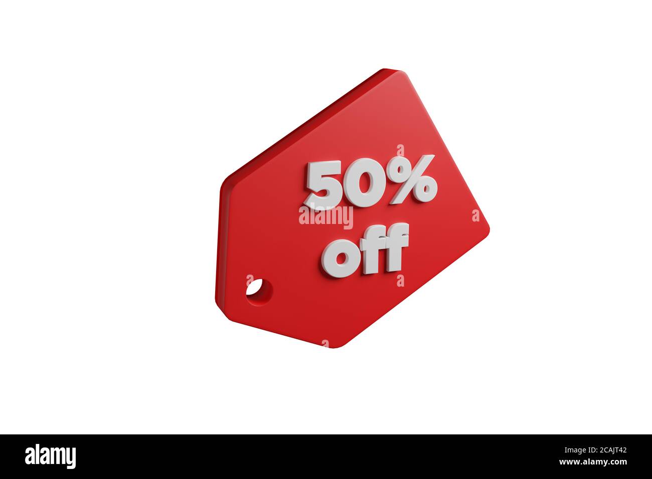 Rotes Etikett mit der Legende 50 Prozent aus isoliert auf weißem Hintergrund. 3d-Illustration. Stockfoto