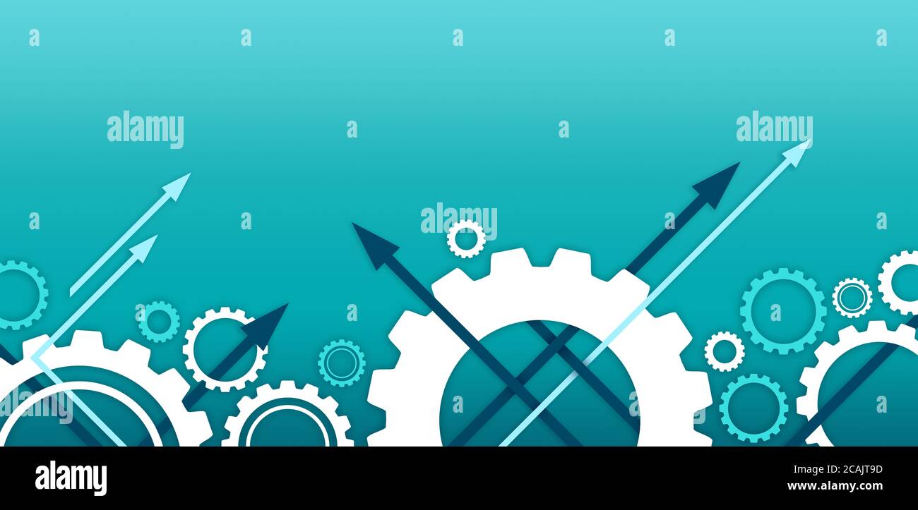 Abstrakte blaue Kopie Raum Hintergrund Illustration – Zahnräder & Pfeile / Engineering, Technologie, Geschäft / Erfolg & Fortschritt Stockfoto