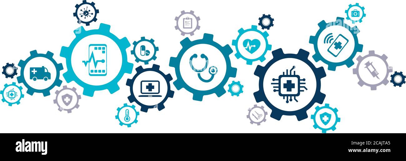 Apps für das Gesundheitswesen / digitale Gesundheitsversorgung / elektronische Gesundheitsakten / Gesundheitswesen Informationssysteme Icons Konzept – Illustration Stockfoto
