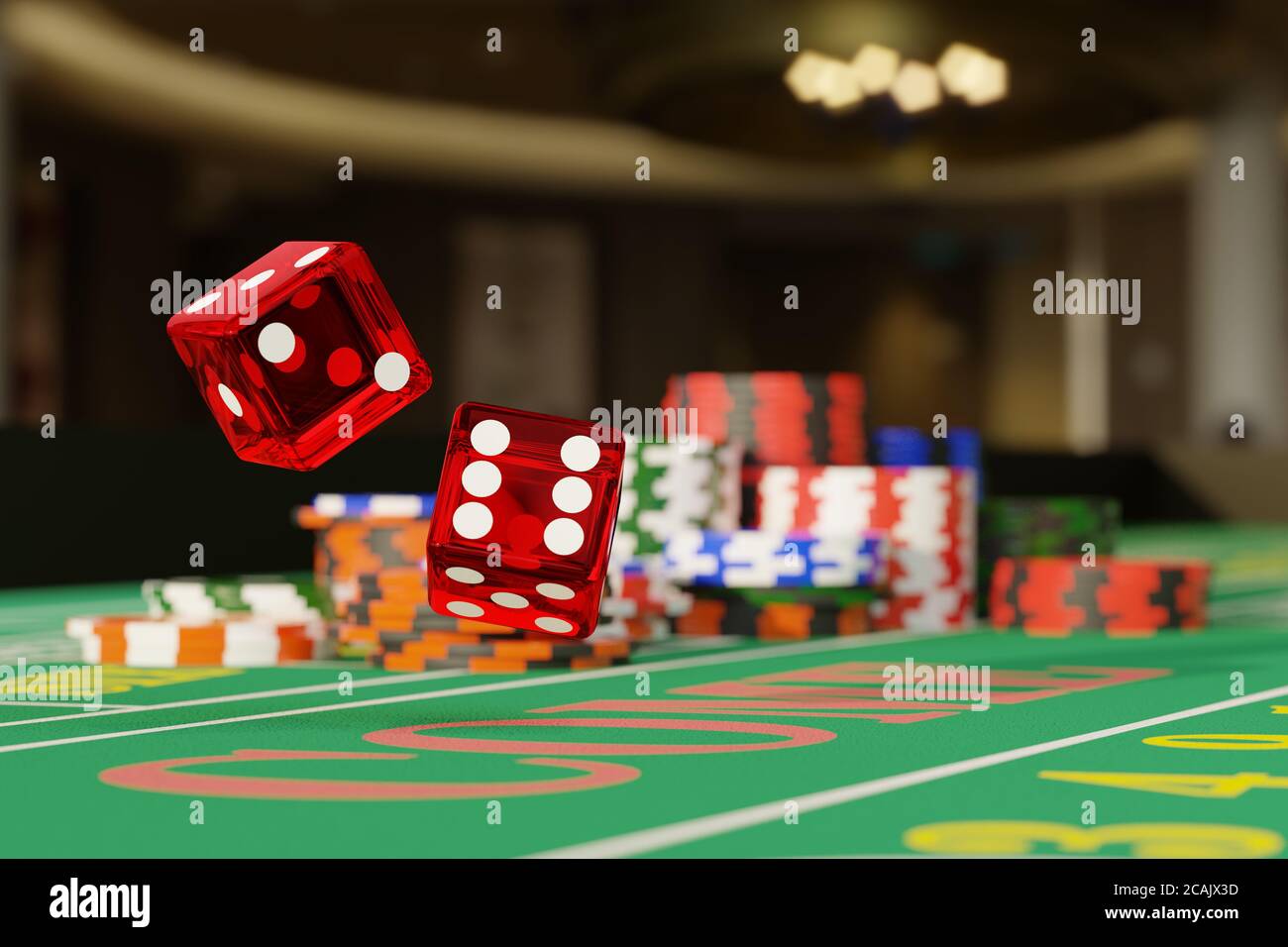 Nahaufnahme von Würfeln, die auf einem Würfeltisch Rollen. Spielkonzept. 3d-Illustration. Stockfoto