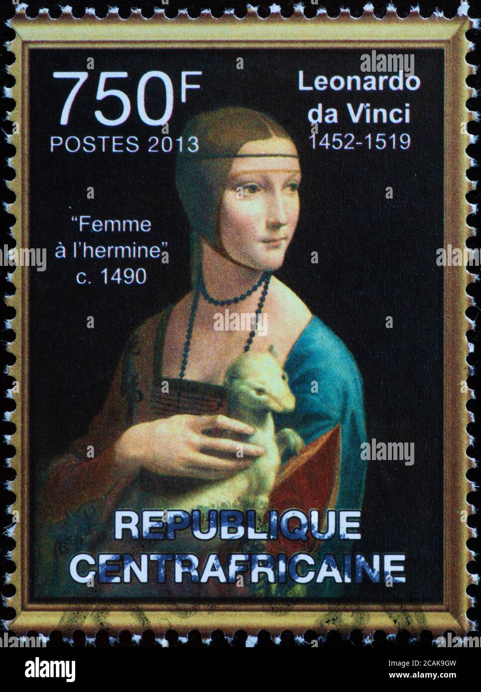 Dame mit Ermine von Leonardo auf afrikanischer Briefmarke Stockfoto