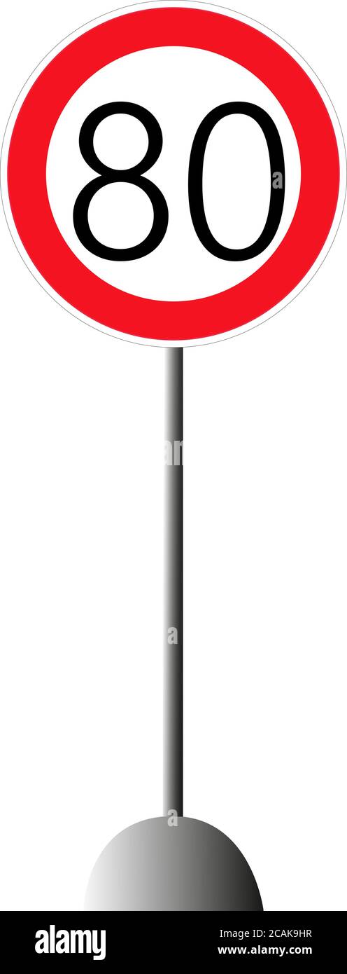 Geschwindigkeitsbegrenzungszeichen Nummer achtzig. Rundes rotes Straßenschild: Höchstgeschwindigkeit 80 Kilometer pro Stunde. Vektorgrafik. Stock Vektor