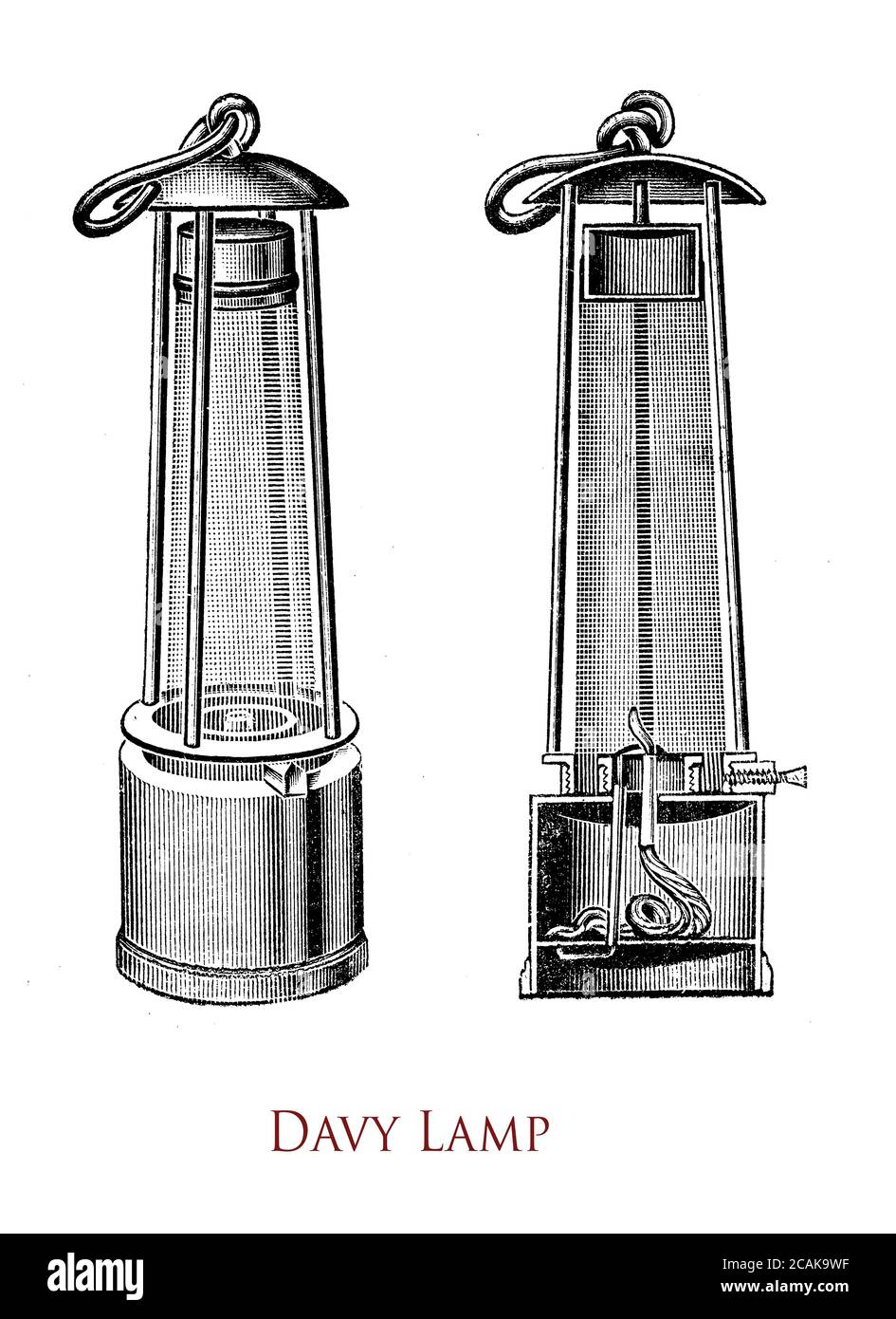 Davy LAMP ist eine Sicherheitslampe für den Einsatz in brennbaren Atmosphären wie Kohleminen, die 1815 von Sir Humphry Davy erfunden wurde. Es besteht aus einer Dochtlampe mit der Flamme, die durch Pflanzenöl produziert wird, eingeschlossen in einem Gitterschirm. Stockfoto