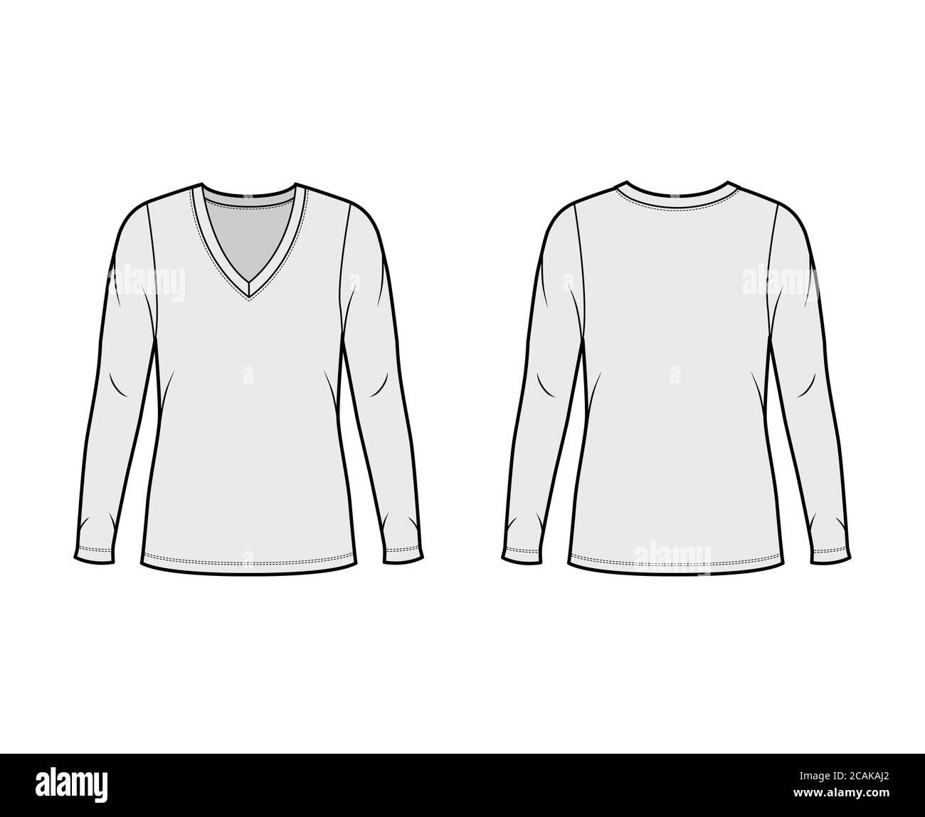 Tief V-Ausschnitt Jersey-Pullover technische Mode-Illustration mit langen Ärmeln, übergroßen Körper, Tunika Länge. Flatshirt Bekleidung Vorlage vorne hinten grau Farbe. Frauen Männer Unisex Outfit top CAD mockup Stock Vektor