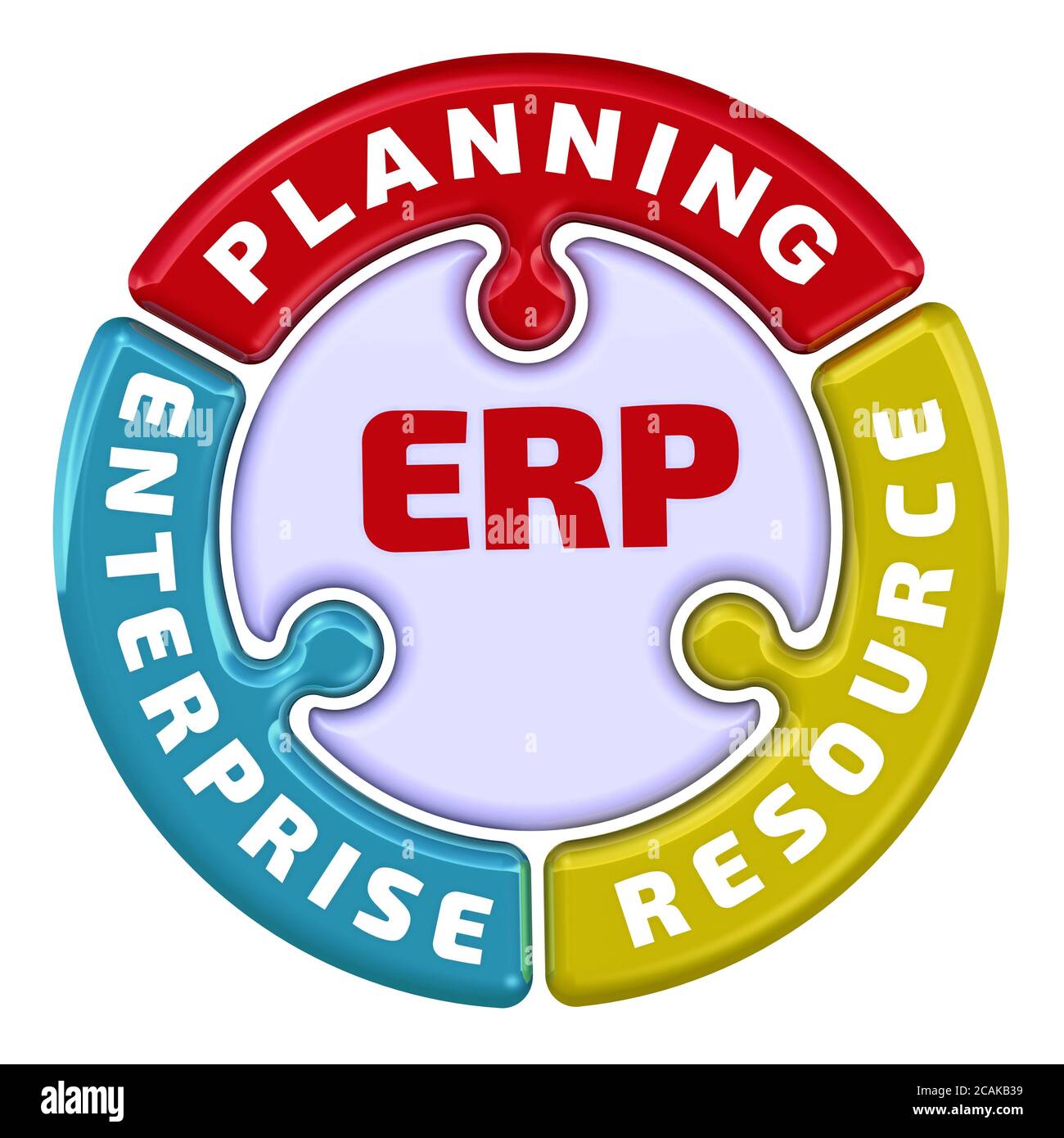 ERP. Planung von Unternehmensressourcen. Die Inschrift ERP. Enterprise Resource Planning auf dem Puzzle in Form eines Kreises. 3D-Illustration Stockfoto