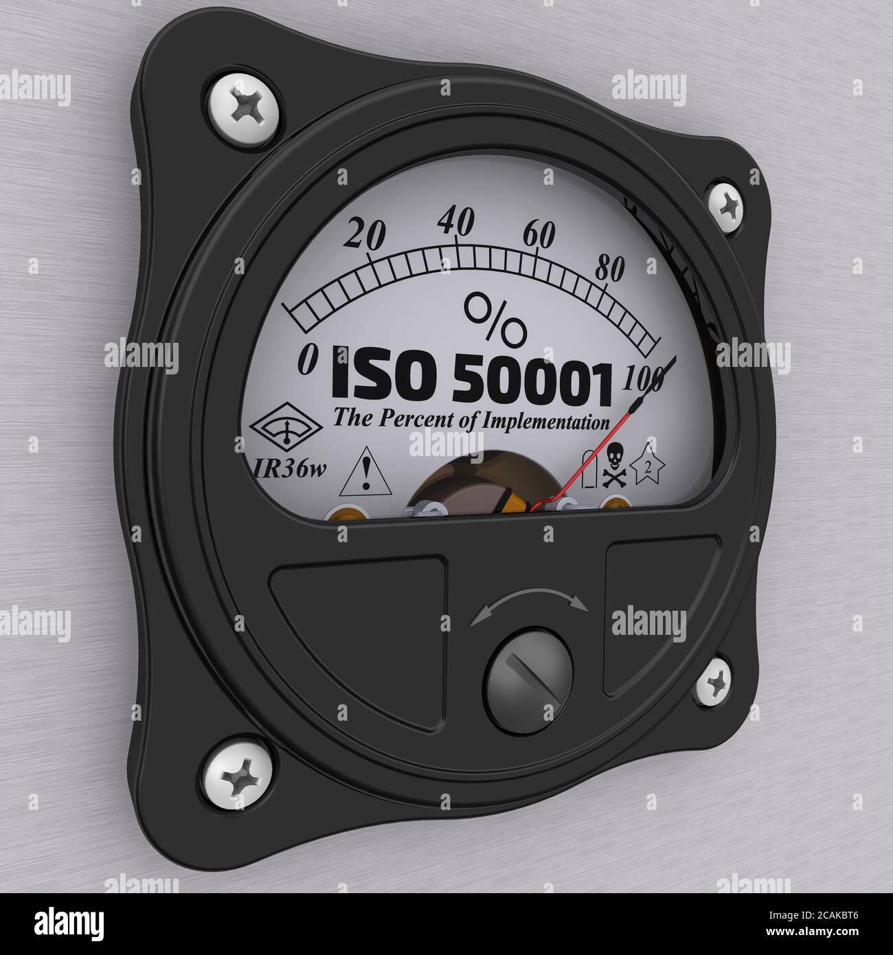 ISO 50001. Der Prozentsatz der Implementierung. Analoge Anzeige, die den Grad der ISO 50001-Implementierung anzeigt. 3D-Illustration Stockfoto
