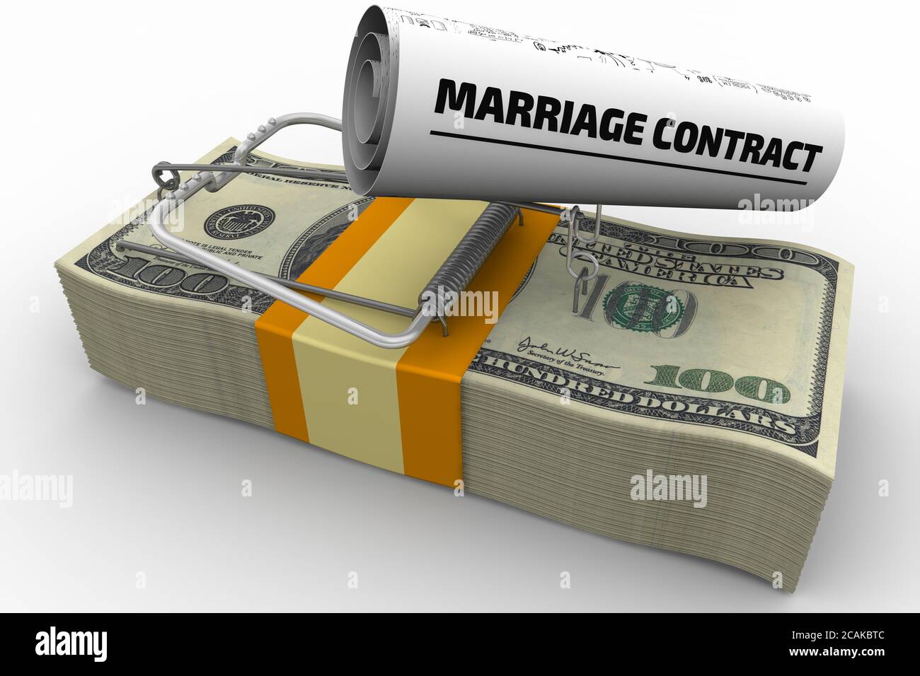 Gefährlicher Heiratsvertrag. Mausefalle aus dem Pack der USA Dollar mit Köder in Form von Blatt mit Text HEIRATSVERTRAG. 3D-Illustration Stockfoto