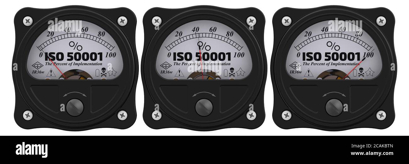 ISO 50001. Der Prozentsatz der Implementierung. Analoge Anzeige, die den Grad der ISO 50001-Implementierung anzeigt. 3D-Illustration Stockfoto