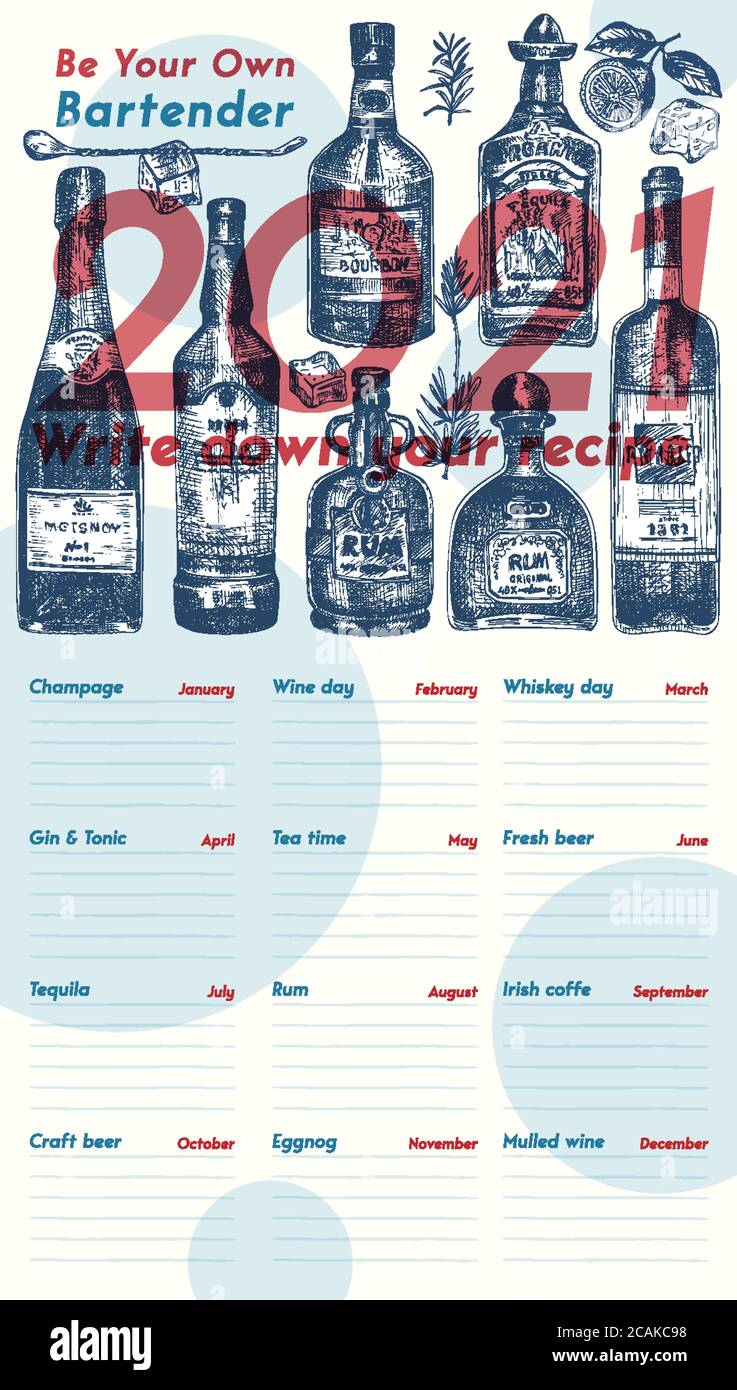 2021 Titelblatt der Wand vintage Kalender Planer. Thema Alkoholbar. Champagner, Wein, Tequila, Gin, Tonic, Rum Cocktails Retro Poster Ort zu schreiben Stock Vektor