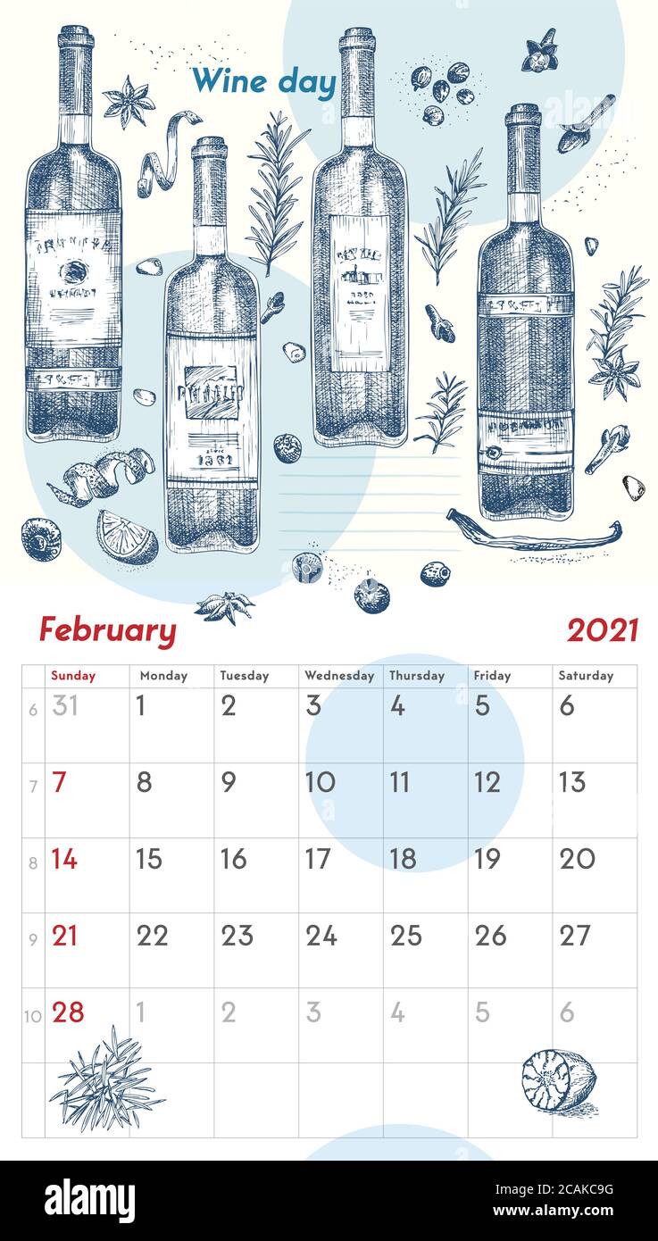 2021 Seite der Wand vintage Kalender Planer. Februar Monat. Die Woche beginnt am Sonntag. Thema Alkoholbar. Wein Tag Cocktails Retro Poster Ort zu schreiben Stock Vektor