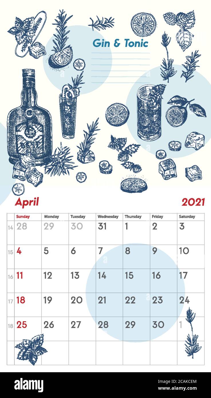 2021 Seite der Wand vintage Kalender Planer. Monat April. Die Woche beginnt am Sonntag. Thema Alkoholbar. Gin Tonic Tagescocktails Retro Poster Ort zum Schreiben Stock Vektor