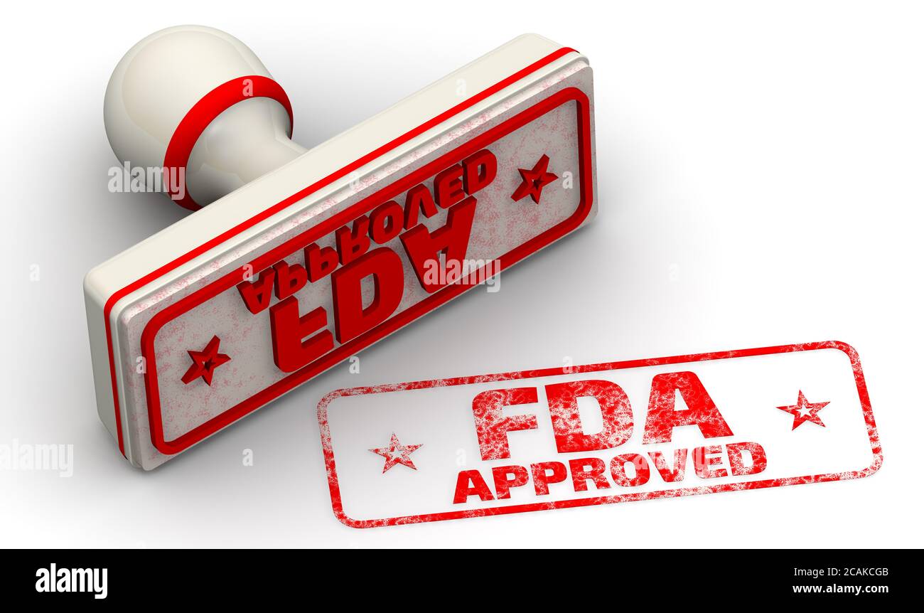 FDA-Zulassung. Das Siegel und ein Aufdruck. Weiße Dichtung und roter Aufdruck FDA-ZUGELASSEN auf weißer Oberfläche. Stockfoto