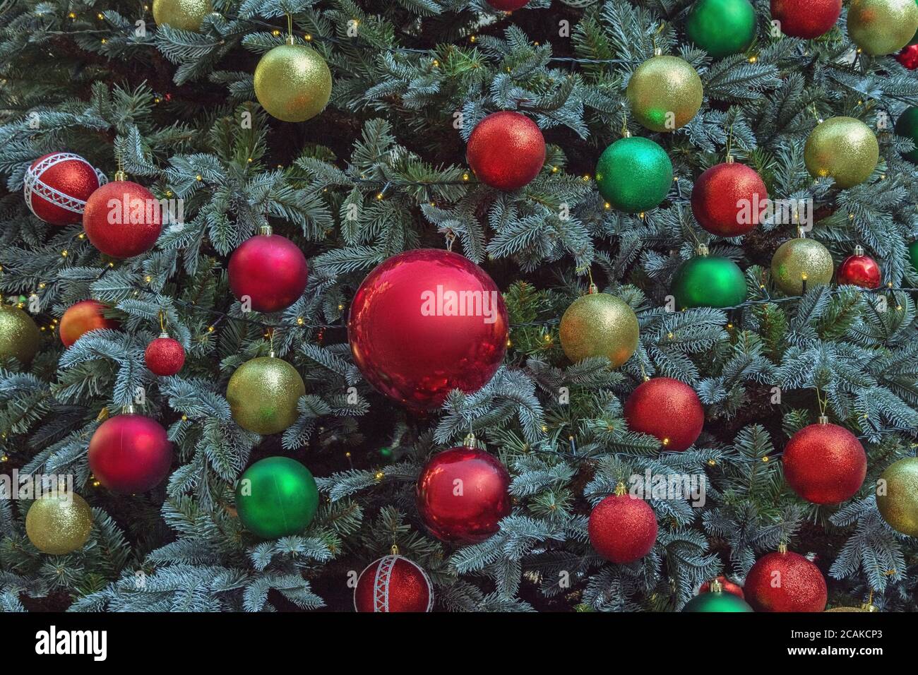 Helle Weihnachtskugeln auf einem geschmückten Weihnachtsbaum an einem sonnigen Tag, Hintergrund Stockfoto