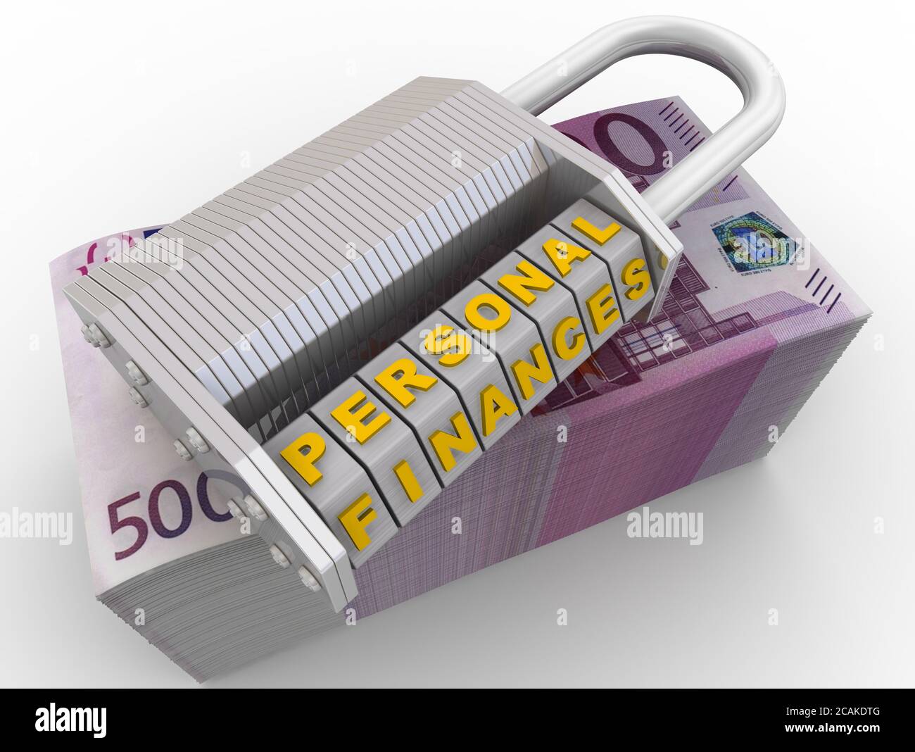 Persönliche Finanzen sind geschützt. Kombinationsschloss (wordlock) mit Buchstaben PERSÖNLICHE FINANZEN auf einer Packung Euro-Banknoten. 3D-Illustration Stockfoto