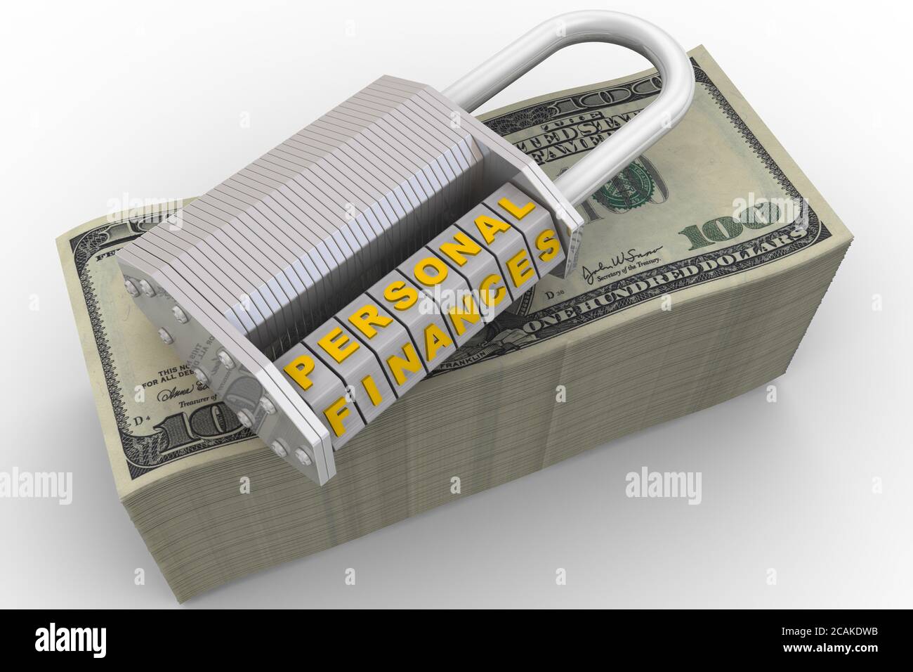 Persönliche Finanzen sind geschützt. Kombinationsschloss (wordlock) mit Buchstaben PERSÖNLICHE FINANZEN auf einer Packung US-Banknoten. 3D-Illustration Stockfoto
