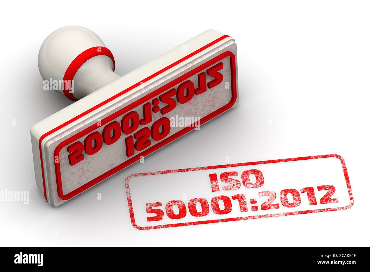Rotes Siegel und Aufdruck 'ISO 50001:2012' auf weißer Oberfläche (Energiemanagementsysteme - Anforderungen mit Anleitung für den Einsatz). 3D-Illustration Stockfoto