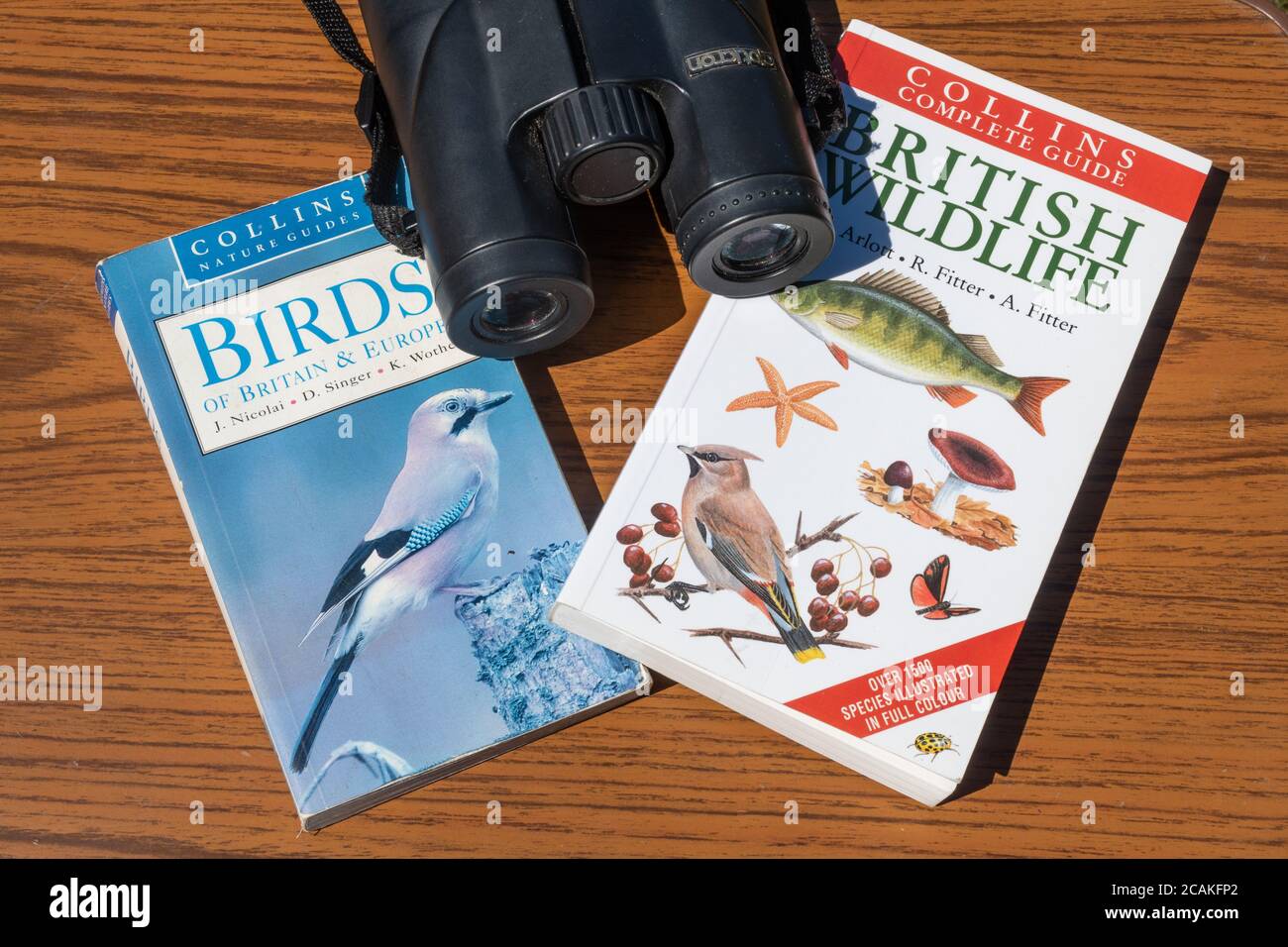 Wildlife Books, Collins Field Guides zur Identifizierung von Vögeln und britischen Wildtieren mit einem Fernglas Stockfoto