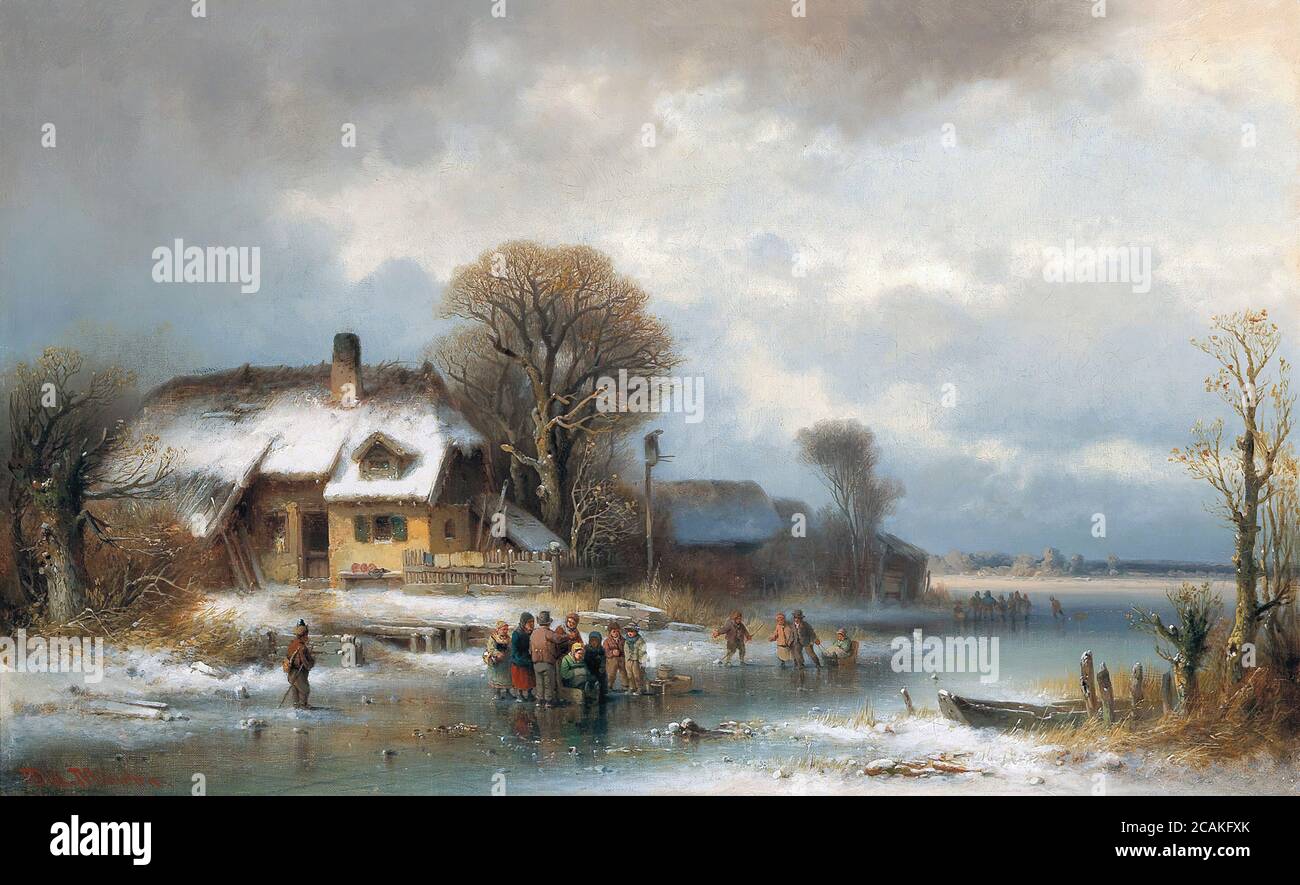 Puppe Anton - Winterlandschaft mit Eisläufern - Deutsche Schule - 19. Und Anfang des 20. Jahrhunderts Stockfoto