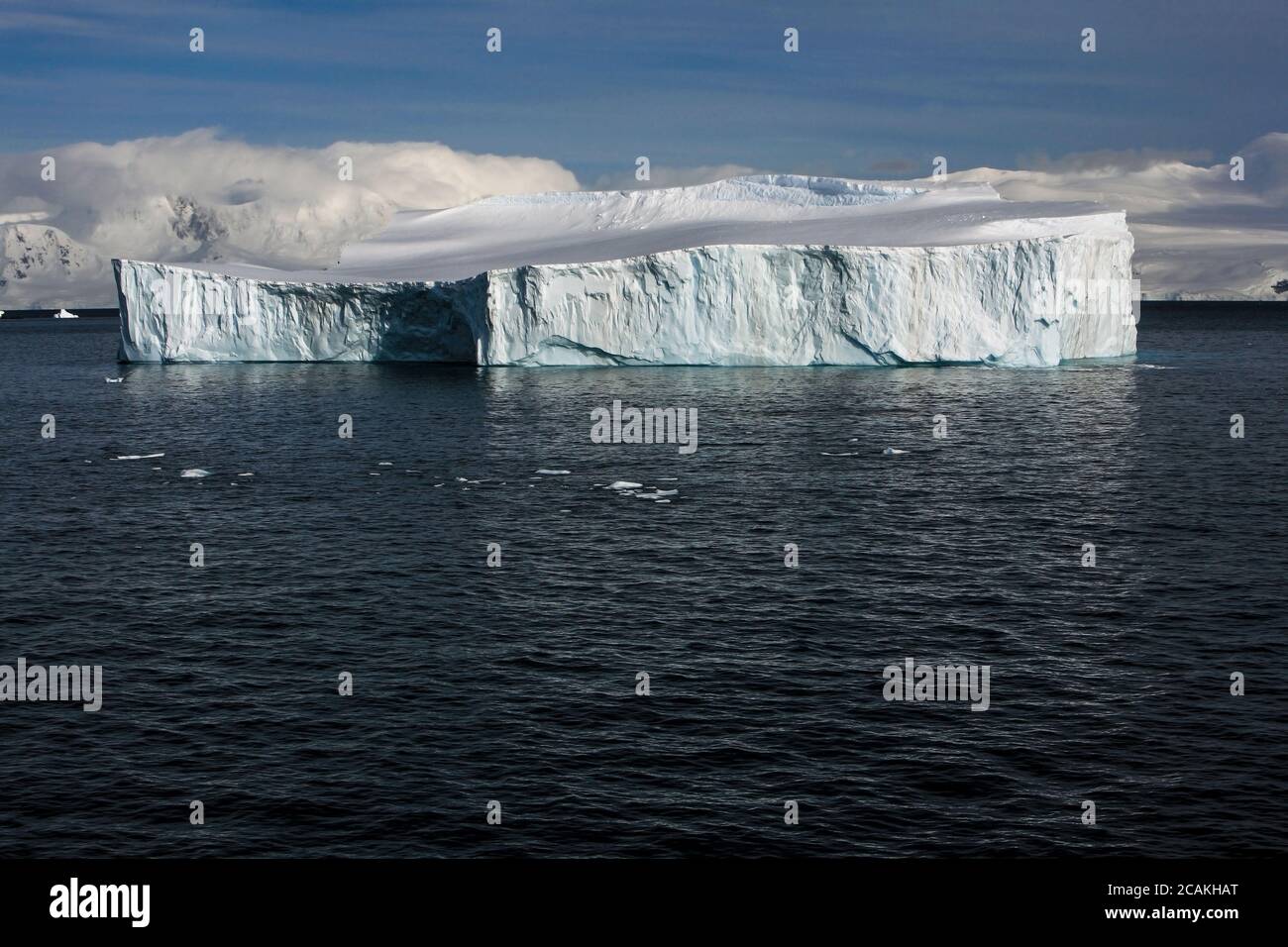 Eisberge auf Rongé Island, auch bekannt als Curville Island, Antarktische Halbinsel. Stockfoto