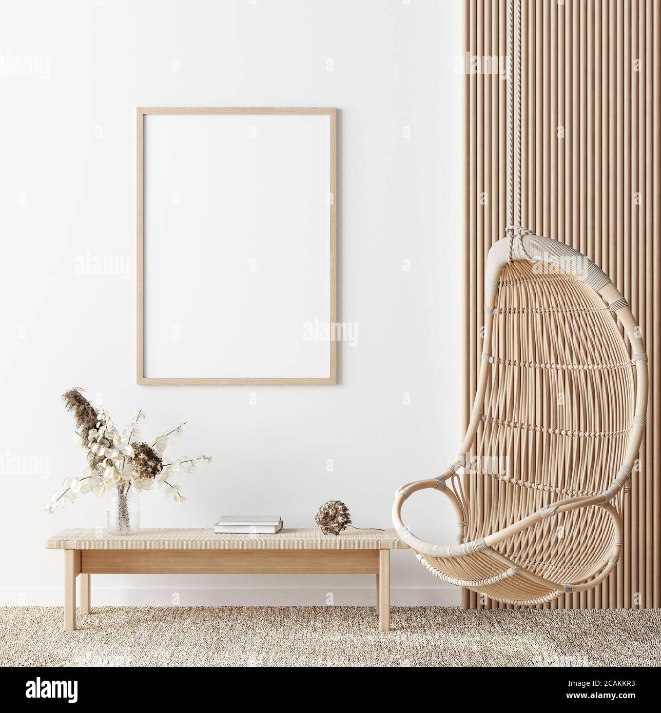 Mockup-Rahmen in Küstenboho-Stil Innenraum, 3d-Rendering Stockfoto