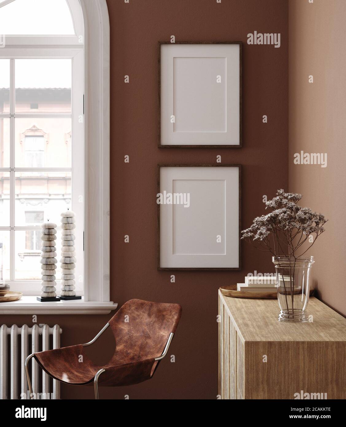 Home Interieur mit ethnischen Boho Dekoration und Poster Mockup, 3d-Rendering Stockfoto
