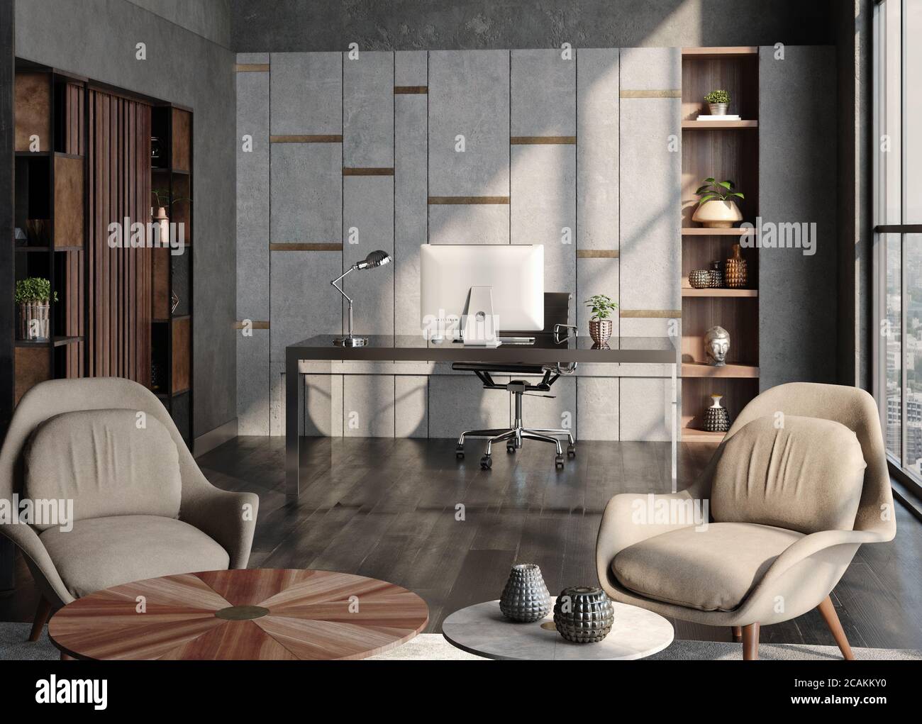 Modernes Home Office-Interieur im Loft, Industriestil, 3d-Rendering Stockfoto